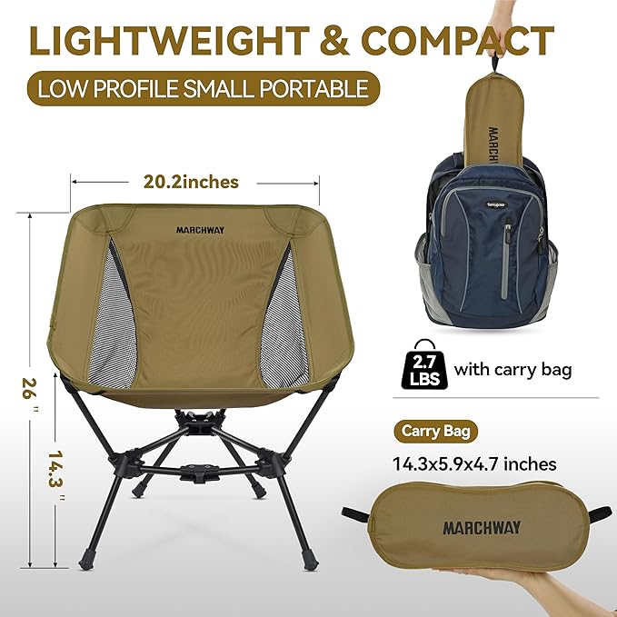MARCHWAY Lightweight Folding Camping Chair, Portable Foldable Compact for Outdoor Camp, Travel, Beach, Picnic, Festival, Hiking, Backpacking, Supports 330Lbs (Khaki)