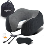 napfun Neck Pillow for Traveling, Upgraded Travel Neck Pillow for Airplane 100% Pure Memory Foam Travel Pillow for Flight Headrest Sleep, Portable Plane Accessories, Striped Black