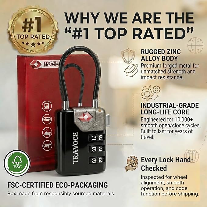 TRAVOCE TSA Approved Luggage Locks - Heavy Duty 3 Digit Combination Cable Lock, Search Alert for Suitcases, Backpacks, Golf Bags, Tents, Violin and Camera Cases (4 Colors)