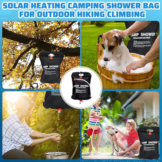VIHOSE 6 Pcs Solar Shower Bags 5 Gallons/ 20 l Solar Heating Camping Shower Bags with Removable Hose for Camping Beach Swimming Outdoor Traveling Hiking Climbing(Black)