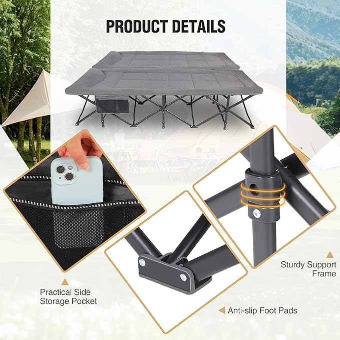 REDCAMP 2 Person Extra Wide Camping Cots for Adults 500lbs, 59" W Oversized Heavy Duty Sleeping Cots, XXXL Cots Portable for Indoor Office Outdoor, Grey