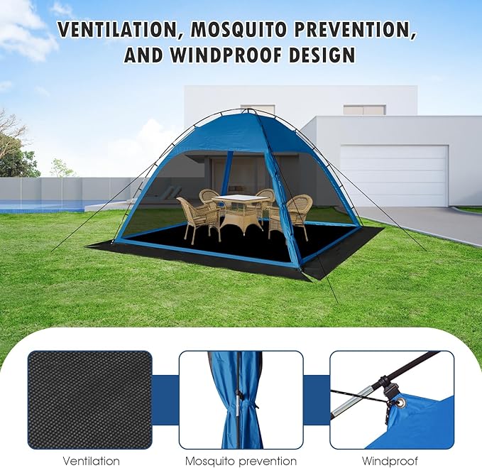 Screen Tent with Removable Floor, Siebwin Large 10'x10' Gazebos with Mosquito Netting and Removable Floor Sunproof Outdoor Canopy Tent for Backyard Outside Activities, Blue
