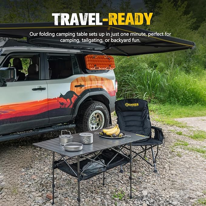 BUNKER INDUST Folding Camping Table, Outdoor Portable Roll-Top Aluminum Table with Carry Bag for Picnic,Beach,BBQ,Backyards, Adjustable Height