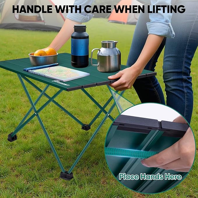 PTEROMY Medium Folding Camping Table, Portable Beach Table with Ultralight Aluminum Tabletop for Travel, Outdoor, Camping, Picnics, and BBQs (Green)