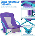 Beach Chairs for Adults 2 Pack,Heavy Duty Folding Low Back Camping Chairs w/Cooler Bag,Mesh Back,Cup Holder & Storage Bag,Compact Sling Chair for Lawn,Picnic,Travel,Purple