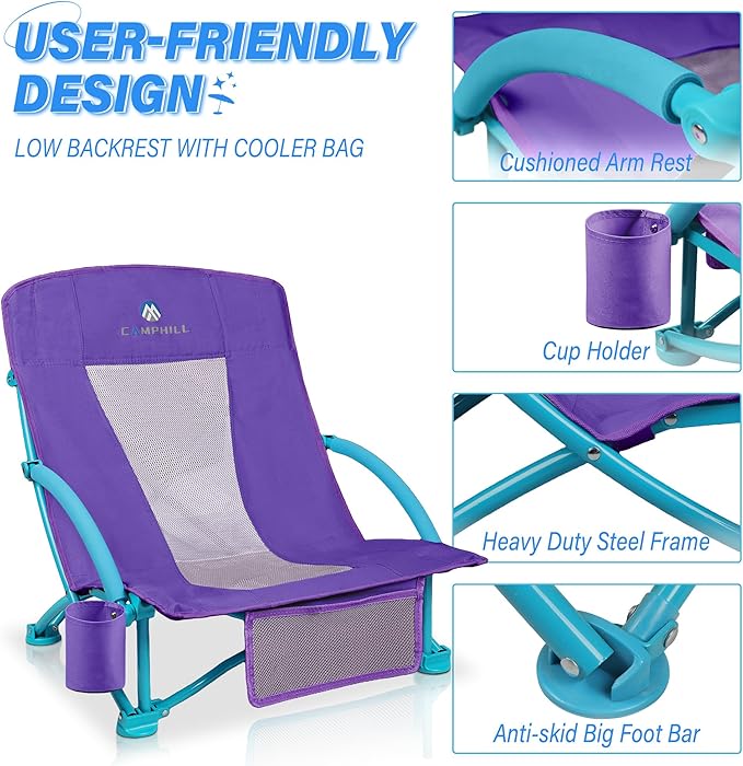Beach Chairs for Adults 2 Pack,Heavy Duty Folding Low Back Camping Chairs w/Cooler Bag,Mesh Back,Cup Holder & Storage Bag,Compact Sling Chair for Lawn,Picnic,Travel,Purple