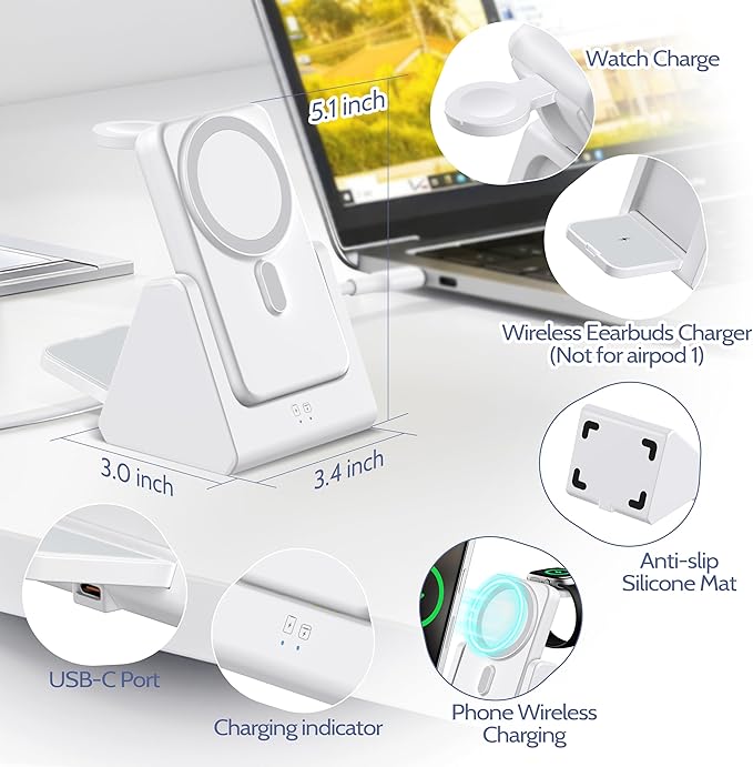 3-in-1 Wireless Charging Station: Portable 10000mAh Power Bank Charger Compatible for Phone Air/17/16/15/14/13/12 Series and Watch - Detachable Magnetic Charging Stand White