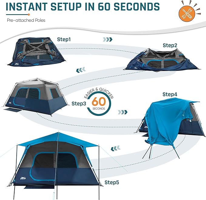 8 Person Instant Cabin Tent, Easy 60 Second Setup Family Tents for Camping, Pop up Camping Tent, Large Waterproof Tents for Outdoor Camping, Spacious Interior, Upgraded Ventilation