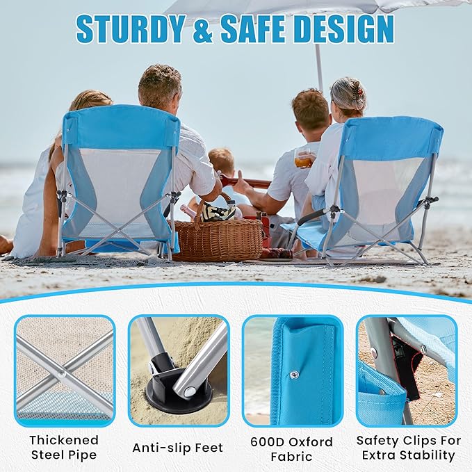 Lamberia Folding Beach Chair for Adults 2 Pack, Portable Low Beach Chairs with 300lbs Capacity, Lightweight Fodable Camping Chair for Travel, Picnic, Concert & Outdoor Activities, Blue