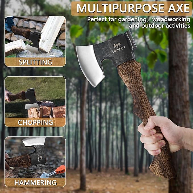 14.3" Hatchet, Camping Axe, Hand Forged Axe with Sheath, Bushcraft Axe with 1065 Carbon Steel and Beech Handle for Wood Splitting and Chopping – Perfect for Outdoor Survival and Adventures
