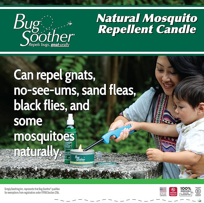 Bug Soother Candle - Natural Insect, Gnat and Mosquito Repellent 2 Candles, 1oz Bottle of Bug Spray Deterrent - Safe for Adults, Kids, Pets, Environment - Made in USA