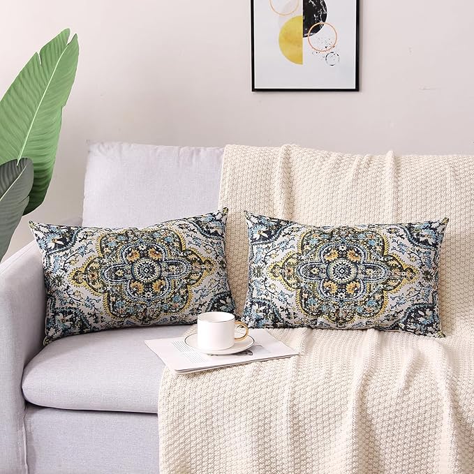 Outdoor Waterproof Pillow Covers 12X20 Set of 2 Bohemian Vintage Carpet Pattern Pillow Covers Green Blue Ethnic Design Decorative Farmhouse Cushion Case for Couch Garden