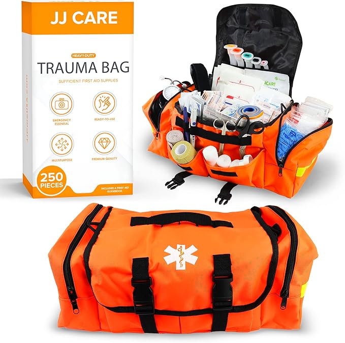 JJ CARE Trauma kit 250PCS First Responder Kit, EMT Bag with Padded Strap, Reflective Medical, Multiple Pockets, EMS First Aid Kit