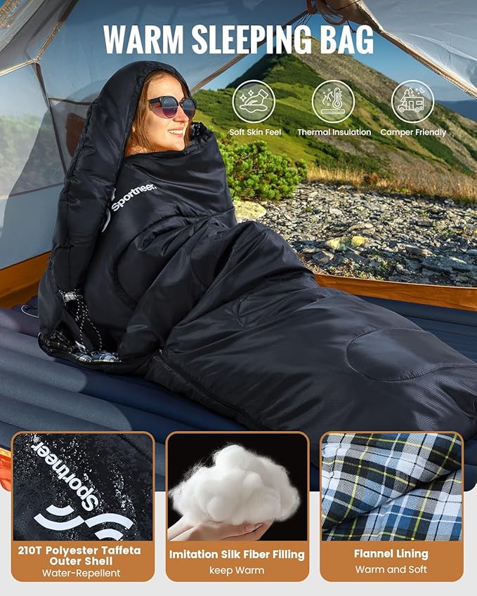 Sportneer Sleeping Bags for Adults, 0 Degree Sleeping Bag XL Flannel Winter Cold Weather Sleeping Bag with Detachable Hood Compression Sack for Camping, Backpacking, Hiking