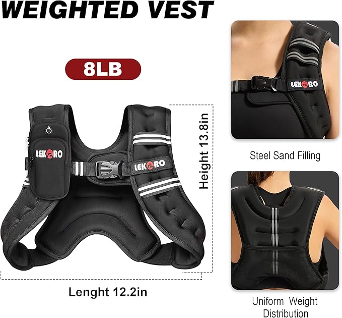 Weighted Vest, 6lbs/8lbs/12lbs/16lbs/20lbs/25lbs/30lbs Weights Vest for Women Men with Reflective Stripe for Workout, Strength Training, Running, Walking