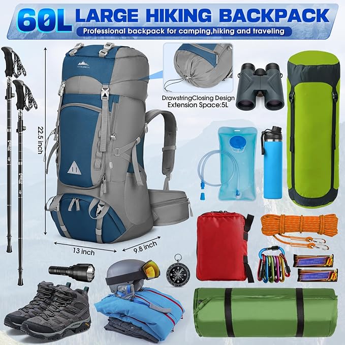 IGOLUMON 60L Hiking Backpack Waterproof Camping Backpack with Rain Cover Large Lightweight Backpacking Backpack for Men Women