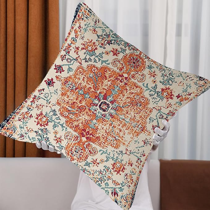 Outdoor Waterproof Pillow Covers - 20x20 Inch Set of 2 Bohemian Vintage Carpet Pattern Pillow Covers in Orange and Blue Ethnic Design for Decorative Farmhouse, Couch, Garden, Balcony