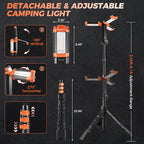Portable Camping Light with Stand, 20000mAh Outdoor Work Light 800-3200 Lumen, 6.1ft Height with Detachable Tripod, 3300-6500K Dimmable LED, Camping Essentials Gear Emergency Flashlight