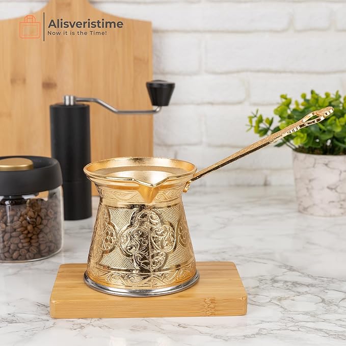 Alisveristime Authentic Turkish Coffee Pot, Handmade Cezve/Ibrik, 4-Inch Width, 4-Inch Height - 20.28 Ounce Enhance Your Coffee Experience Now! (6 Cup) (Gold)