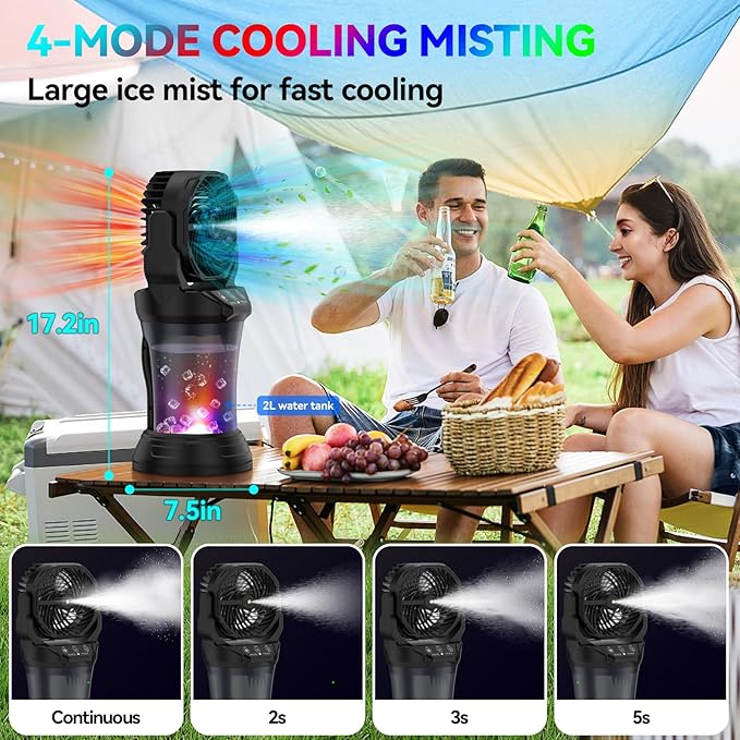 Misting Fan Portable Camping Fan 42800mAh Battery Powered with Remote Control, RGB Ambient Light with 2L Bucket, Battery Indicator, 120° Auto Oscillating, Timing Function, Grip Handle