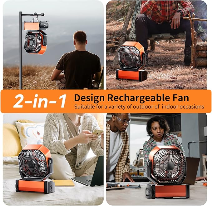 Camping LED Fan with Light, 20000mAh Rechargeable Battery Powered Outdoor Tent Fan with Light and Hook, 4 Speed, Personal USB Desk Fan for Camping, Fishing, Power Outage,Hurricane, Worksite
