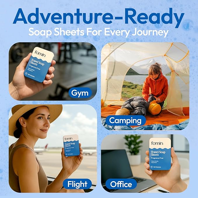 FOMIN - Antibacterial Paper Soap Sheets for Traveling - 100 Unscented Portable Hand Soap Sheets for Travel in Tin - Dissolvable Mini Portable Travel Soap Sheet for Hand Washing, Camping and Hiking