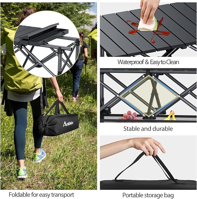 2ft Roll Up Camping Table, 2 Adjustable Heights Aluminum Folding Camping Table with Storage Net and Bag, Waterproof, Lightweight Outdoor Table 25” X 16”, for Outdoor Travel BBQ Picnic, Black