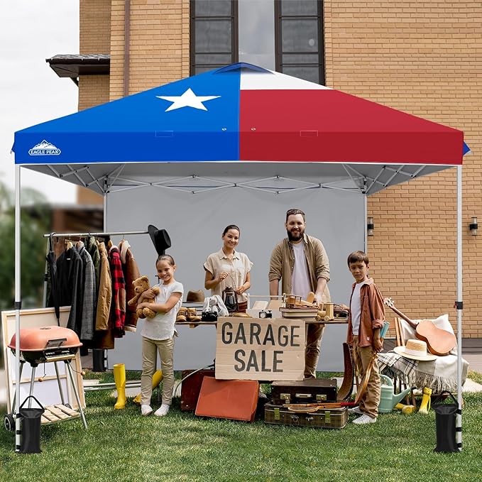 EAGLE PEAK Pop Up Canopy Tent with 1 Sidewall, Easy Setup Event Tent, Outdoor Sun Shade, Wheeled Carry Bag, Stakes and Guy Ropes, Instant Canopy 10x10, Tex Flag