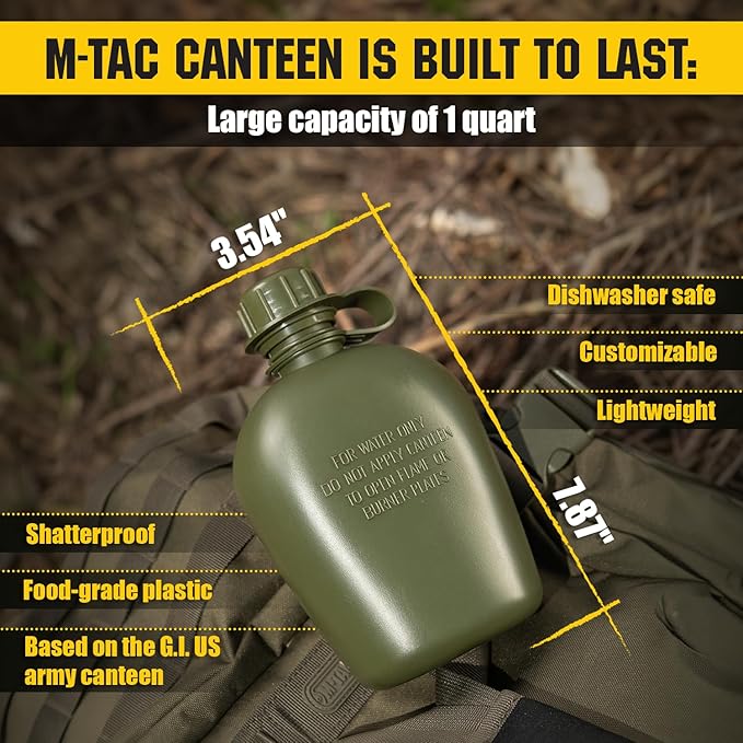 M-Tac Canteen Water Bottle - 1 Quart Water Canteen (34 Oz/1L) - Tactical Water Bottle for Military Hiking Camping Survival (Olive)