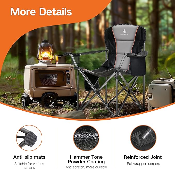 ALPHA CAMP Oversized Folding Camping Chair, Heavy Duty Portable Lawn Chairs with Cooler Bag, Side Pocket & Cup Holder, Folding Chairs for Outside Support 450 LBS
