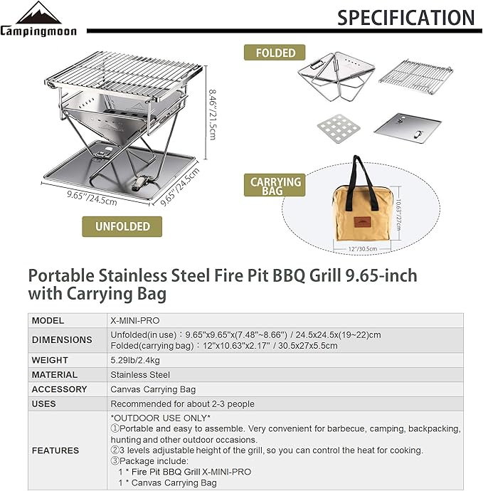 CAMPINGMOON Tabletop Small Charcoal Grill Mini Portable Fire Pit 9.65-inch Stainless Steel with Carrying Bag X-MINI-PRO