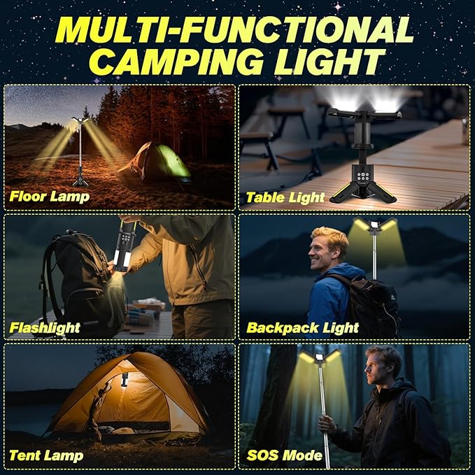 Portable Camping Lights with Stand, 5000LM Rechargeable LED Flashlight, 9 Color Modes, Collapsible Camping Lantern Tent Light with Magnetic Base for Power Outages, Camping & Emergency(Black)