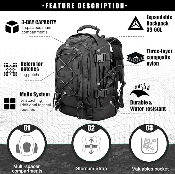 Tactical Backpack Military Hiking Daypack - Molle Backpack for Men 3 Day Assault Pack Bug Out Bag for Camping Travel Army Hunting Gym Rucksack Survival (Black)