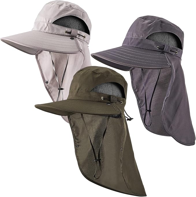 Cuffbow 3 Pcs Sun Hat for Men Women with Neck Flap Breathable Wide Brim Bucket Hat UV Protection UPF 50+ Fishing Hiking