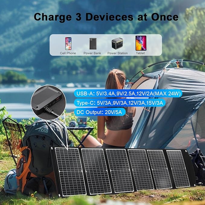 100 Watt Portable Solar Panel, Foldable Solar Panel Charger with Kickstands, QC3.0 USB-A USB-C & DC Output for Phone/Power Station, IP65 Waterproof for Camping Backpacking Hiking RV Blackout