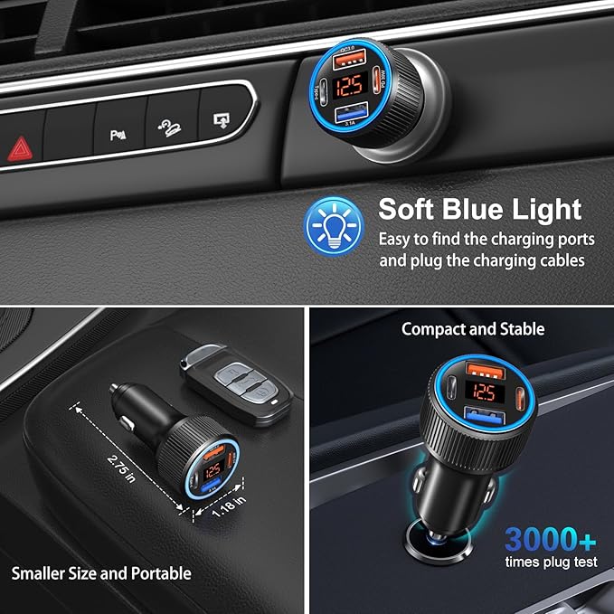USB C Car Charger, 3 Pack 65W Dual 12V Car Power Adapter with Voltmeter QC+PD 3.0 Multi Port Fast Charging Cigarette Lighter USB Charger for iPhone 17 16 15 14 13 12 Pad Pro Max, Android(Black Gray)