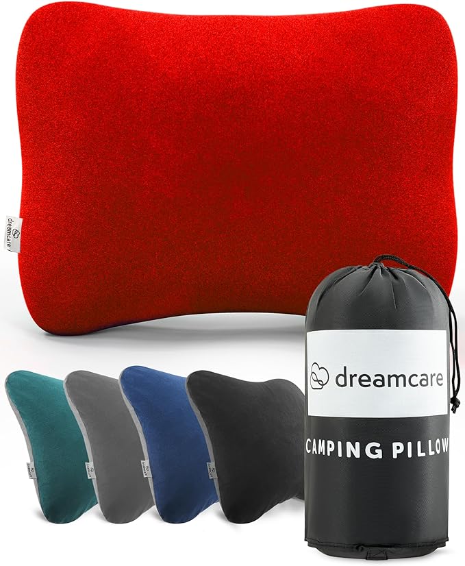 DREAMCARE Camping Pillow, Memory Foam Travel Pillow, Camping Accessories - Small Pillow Camping Essentials Camping Pillows for Sleeping, Backpacking Pillow, Travel Pillows for Sleeping (Medium, Red)