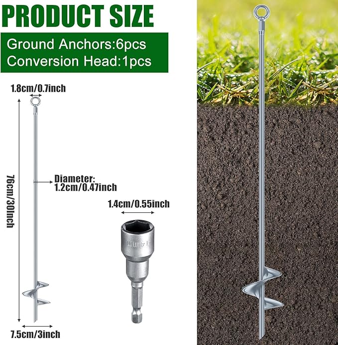 Lasnten 6 Pcs 30 Inch Heavy Duty Ground Anchor Spiral Blade Earth Anchor Kit Metal Anchor Hook Beach Sand Stakes Camping for Securing Animals, Shelters, Tents, Canopies (Silver)