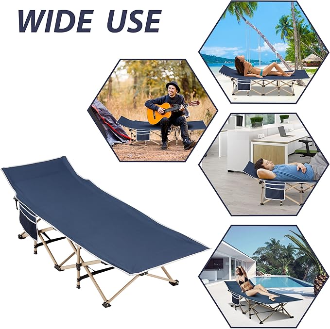 Folding Camping Cot for Sleeping, Portable Cots for Adults, Heavy Duty Cot Bed 550LBS(Max Load), Extra Wider Cots with Large Pocket for Outdoor, Office, Beach
