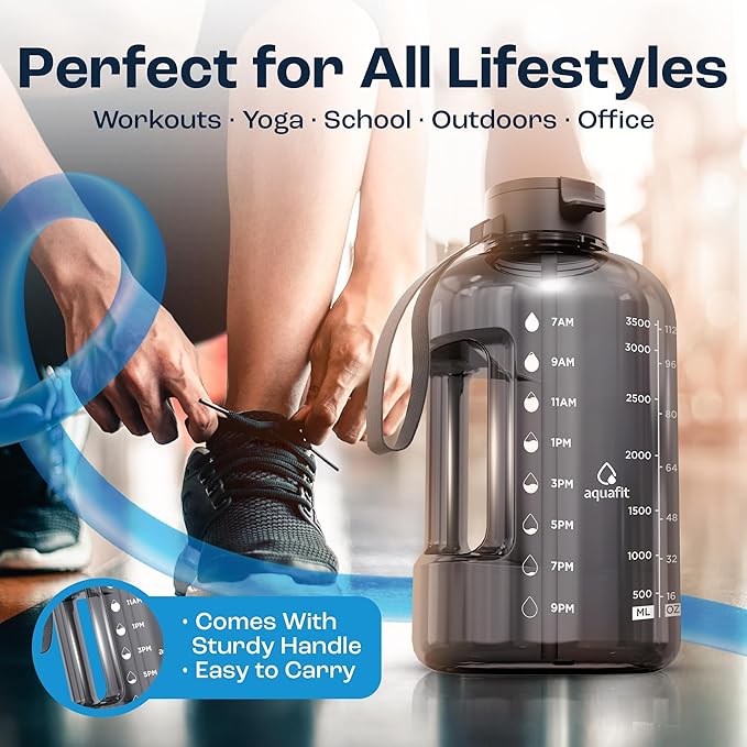 AQUAFIT 1 Gallon Water Bottle with Time Marker - Straw & Chug Lid - BPA Free Gym Water Bottle with Straw - Big Gallon Jug (Galaxy, 128 oz - 2 Lids)