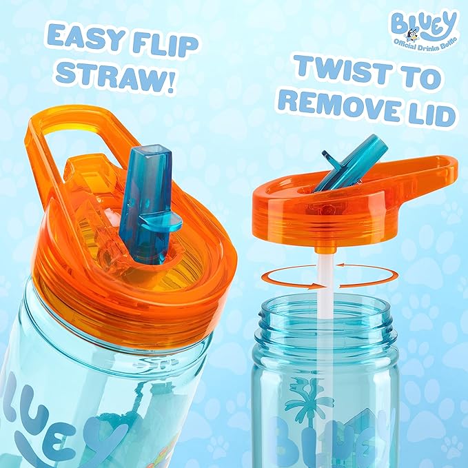 Bluey 560ml/580ml Plastic Water Bottle with Straw, BPA Free, 3D Travel Reusable Bottle, Perfect for Nursery, Preschool, Sports, Days Out