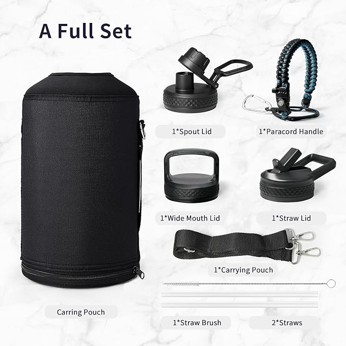 Trebo 1 Gallon(128oz) Water Bottle Insulated with Paracord Handle and Straw,Vacuum Double Wall Stainless Steel Large Jug Keep Cold 48 Hours, Leakproof & BPA Free for Men Gym/Hiking/Camping, Cyan Blue