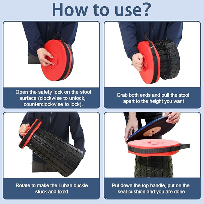 ALEVMOOM 2025 Upgraded XXL 19.7" Collapsible Stool with Cushion, 1000lbs Max Weight Heavy Duty Portable Telescoping Stool, Retractable Seat Folding Chair for Camping Fishing Hiking(Red-XXL)