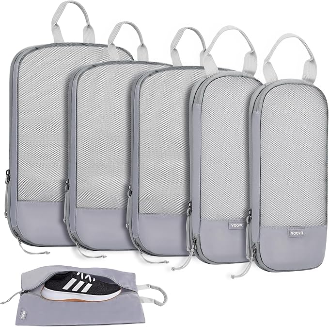 Voova 6 Set Compression Packing Cubes, Travel Accessories Expandable Packing Organizer Bags Set for Carry on Suitcase, Durable Luggage Packing Cubes for Travel Essentials,Grey