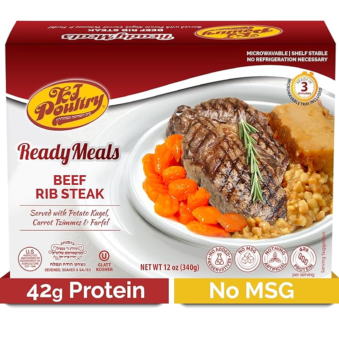 KJ Poultry Kosher Ready Meals - Beef Rib Steak & Kugel, MRE Meat Meals Ready to Eat, Shabbos Food (1 Pack) Prepared Entree Fully Cooked, Shelf Stable Microwave Dinner Travel Military Camping Survival