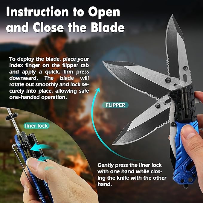 5-in-1 Dispatcher Tactical Knife with Glass Breaker, Seatbelt Cutter,Steel Serrated Blade,Flashlight and Carrying bag, Good for Military Emergency Outdoor Rescue (blue)