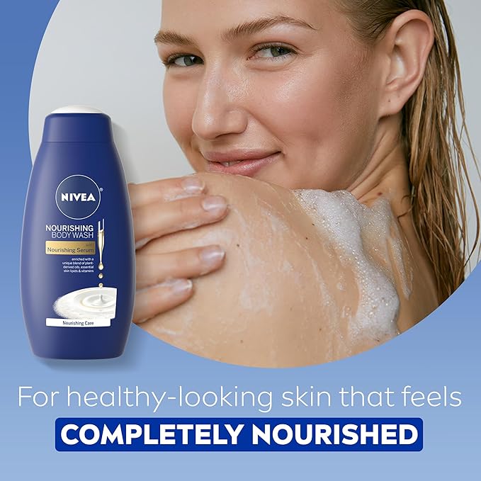 NIVEA Skin Care Set For Her, Nourishing Body Wash, Moisturizing Body Lotion, Lip Balm Stick with Shea Butter, & Hand Cream, 4 Piece Gift Set