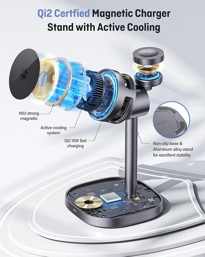 2026 New Magnetic Wireless Charger Stand with TEC Active Cooling, 15W Qi2-Certified 3 in 1 Charging Station for Apple Charger Stand, Wireless Charger for iPhone17/16/15/14/13/12, Apple Watch, AirPods