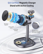 2026 New Magnetic Wireless Charger Stand with TEC Active Cooling, 15W Qi2-Certified 3 in 1 Charging Station for Apple Charger Stand, Wireless Charger for iPhone17/16/15/14/13/12, Apple Watch, AirPods