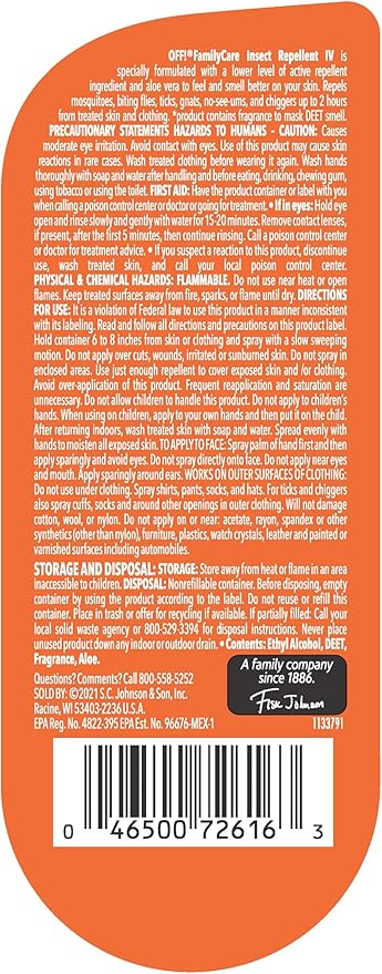OFF! Family Care Insect & Mosquito Repellent Spritz, Bug Spray Containing 7% DEET, Unscented Repellent with Aloe Vera Protects Against Mosquitoes, 9 Oz